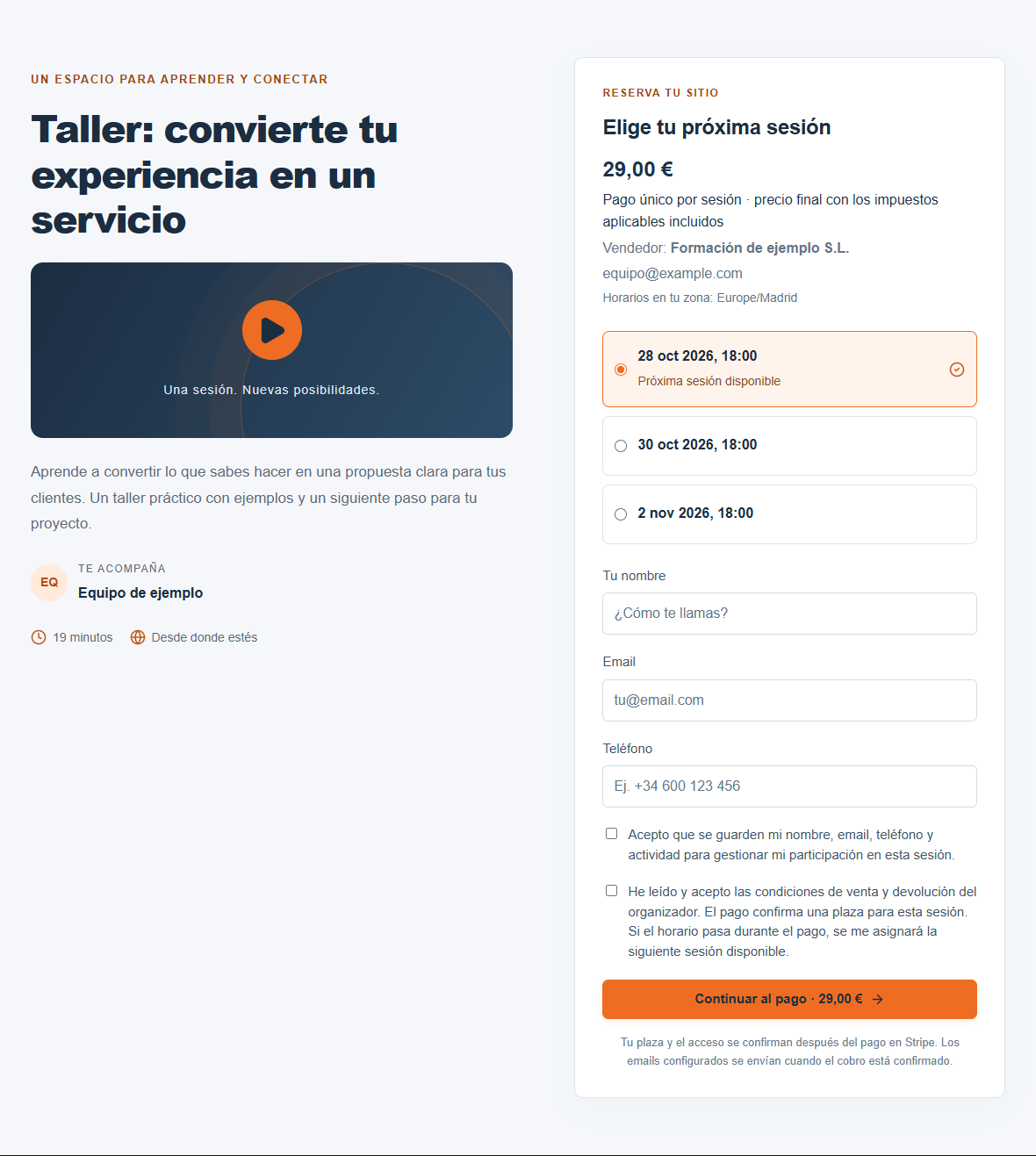 Página real de inscripción de Discovery Hub, con una presentación de servicio de ejemplo, horarios y formulario de contacto.