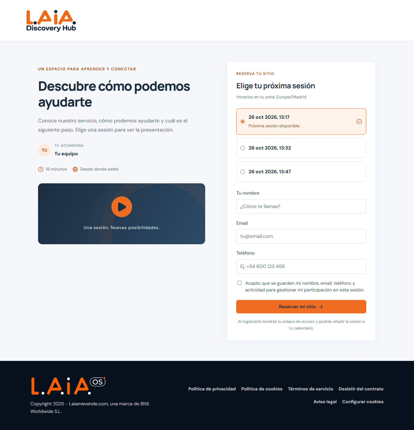 Actual Discovery Hub registration page in Spanish, showing a sample service presentation, session times and a contact form.